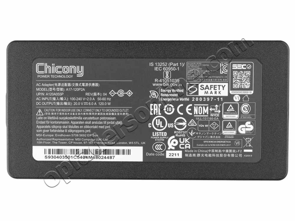 Origineel 120W Chicony A120A055P A17-120P2AAdapter Voeding Oplader + Koord