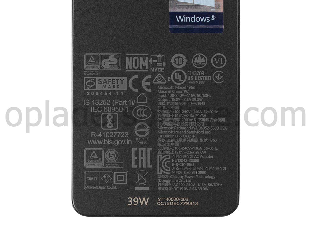 39W Surface Laptop Go Core i5 Adapter Voeding Oplader + Koord