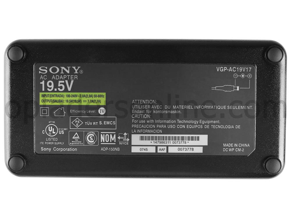 150W Sony Vaio VPCF21AFX VPCF21AFX/BI VPCF221FX AC Adapter Oplader